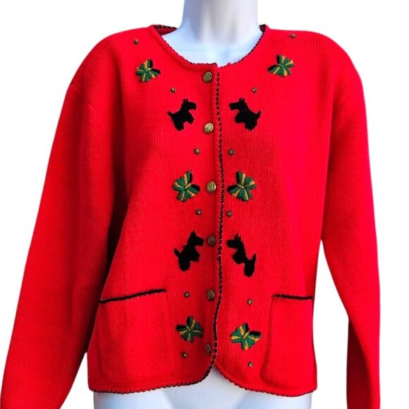 80s Scottie Dog Cardigan Red Embroidered Knit Vintage Novelty Sweater - Picture 11 of 14